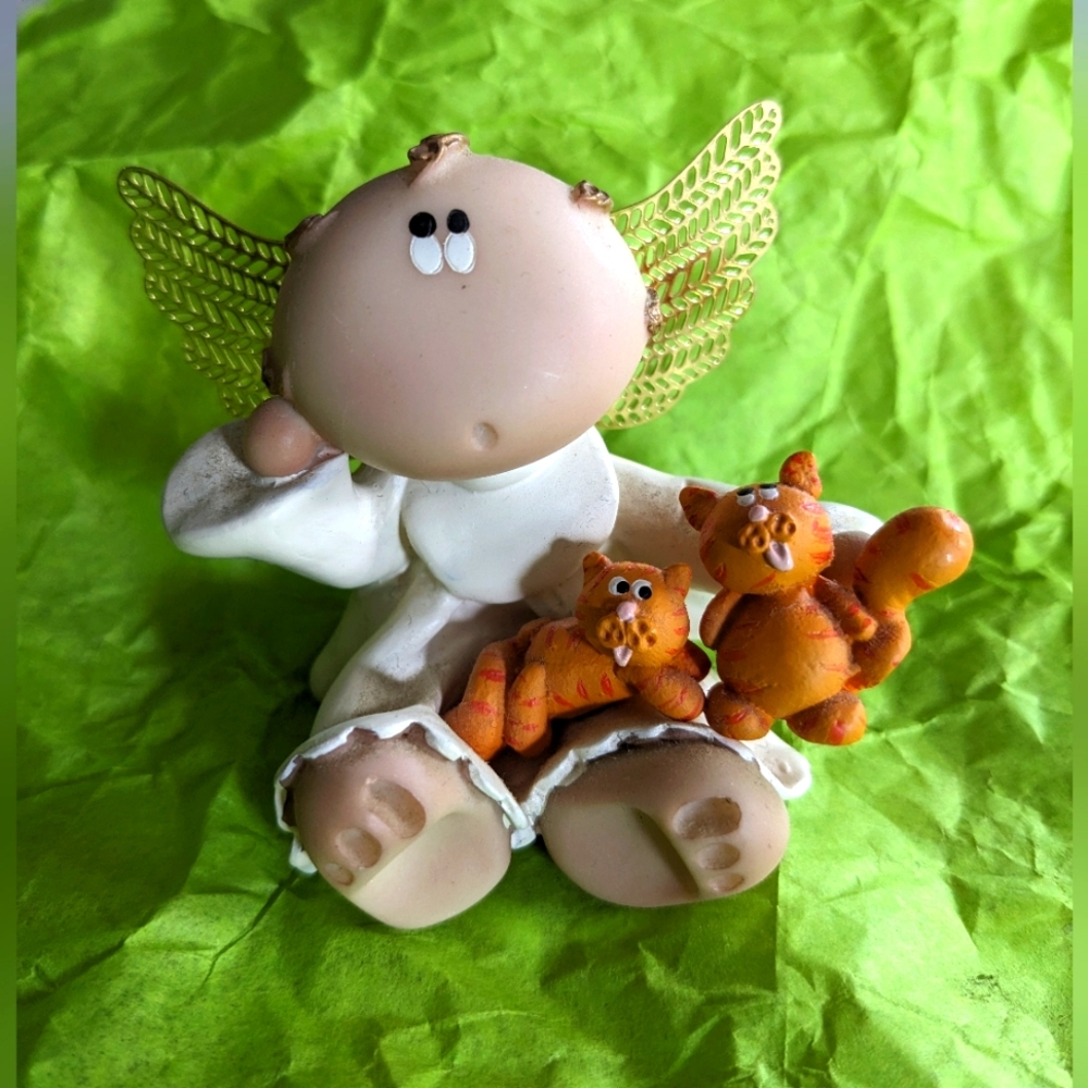 Russ Berries Angel Cheeks Figurine with Cats Guardian Angel